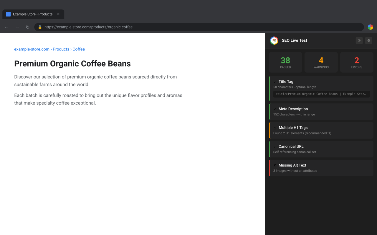 SEO Live Test showing analysis results in Chrome side panel
